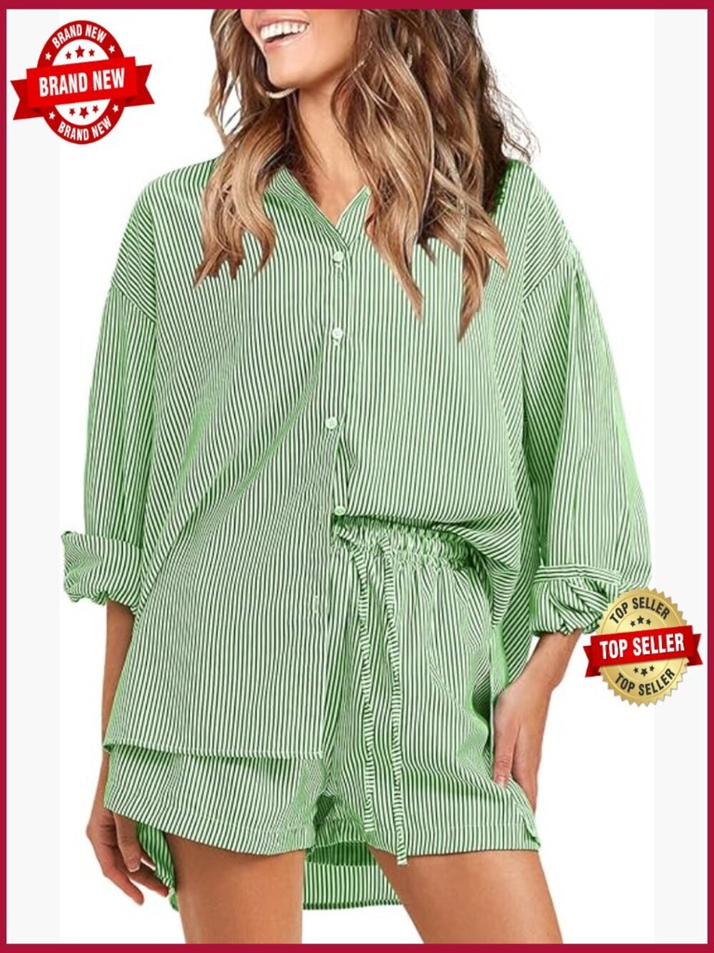 Women's 2 Piece Set Long Sleeve Button Down Shirt with Shorts
